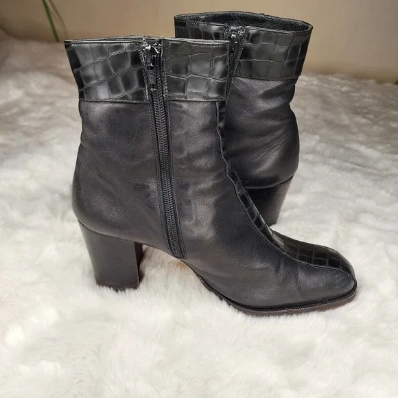 Made in Italy Black Croc Boots 39 (8.5) Womens Sherpa Square Toe Leather Vintage - Picture 5 of 8